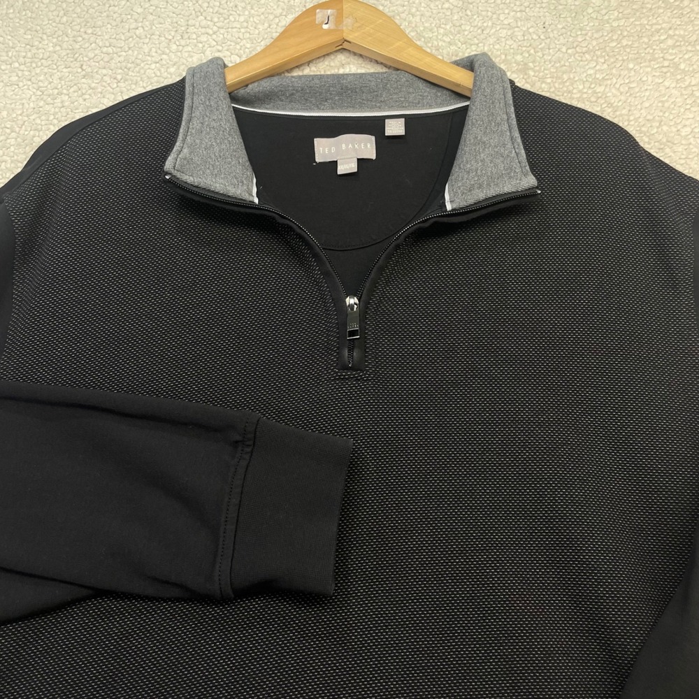 Ted Baker Pullover Mens XXL Black Grey 1/4 Zip Textured Knit Mock Neck Sweater